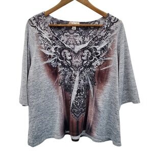 World Unity Womens 3/4 Sleeve Split Neck Printed Top Size 0X Gray Brown Black